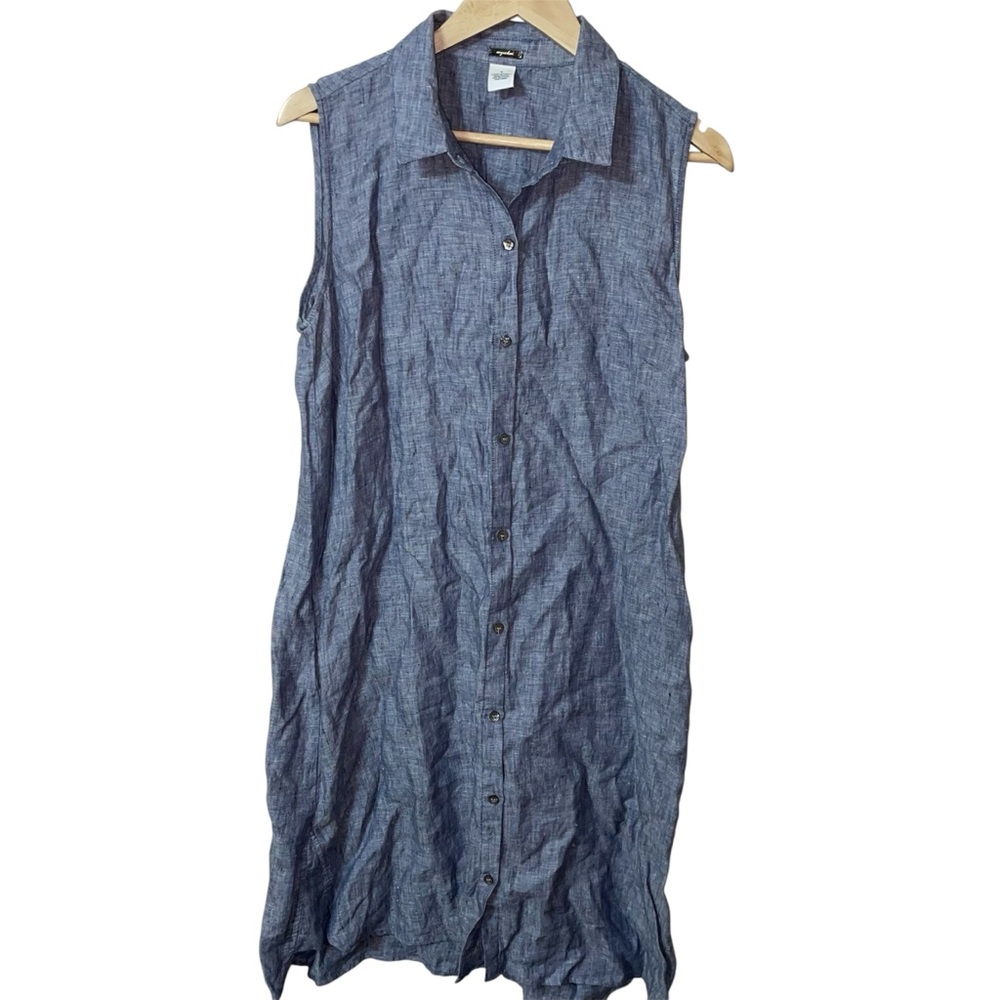 Magaschoni Linen Dress Blue Chambray Sleeveless Button Front Classic Preppy L